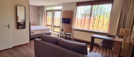 Une chambre d’hôtel avec un lit, un canapé, un bureau, une chaise, une télévision et une fenêtre avec des rideaux.