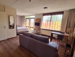 Habitación de hotel con cama, sofá, escritorio, silla, televisor y ventana con cortinas.