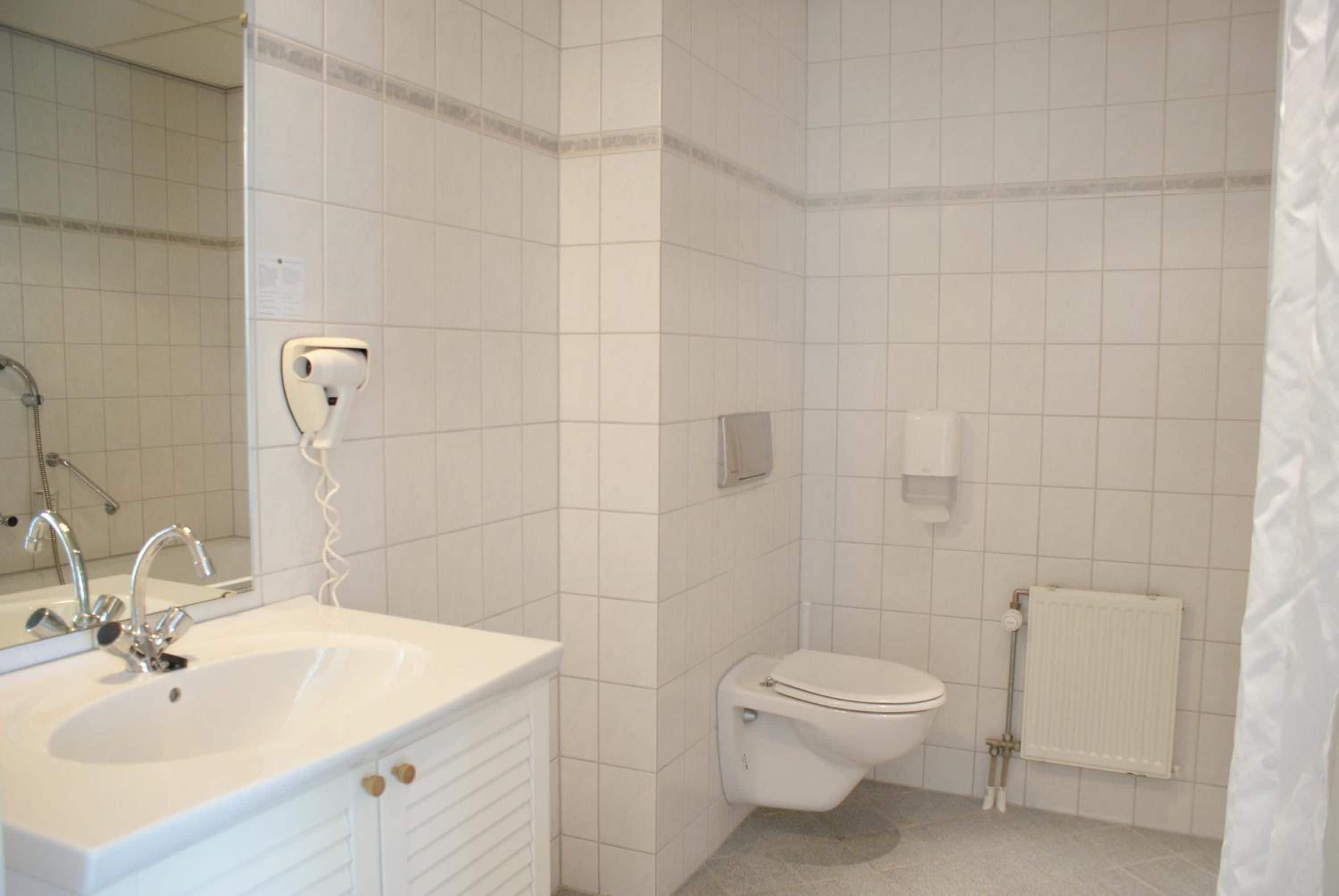 A bathroom with a white sink, a toilet, and a shower.