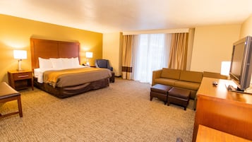 Premium bedding, desk, laptop workspace, iron/ironing board