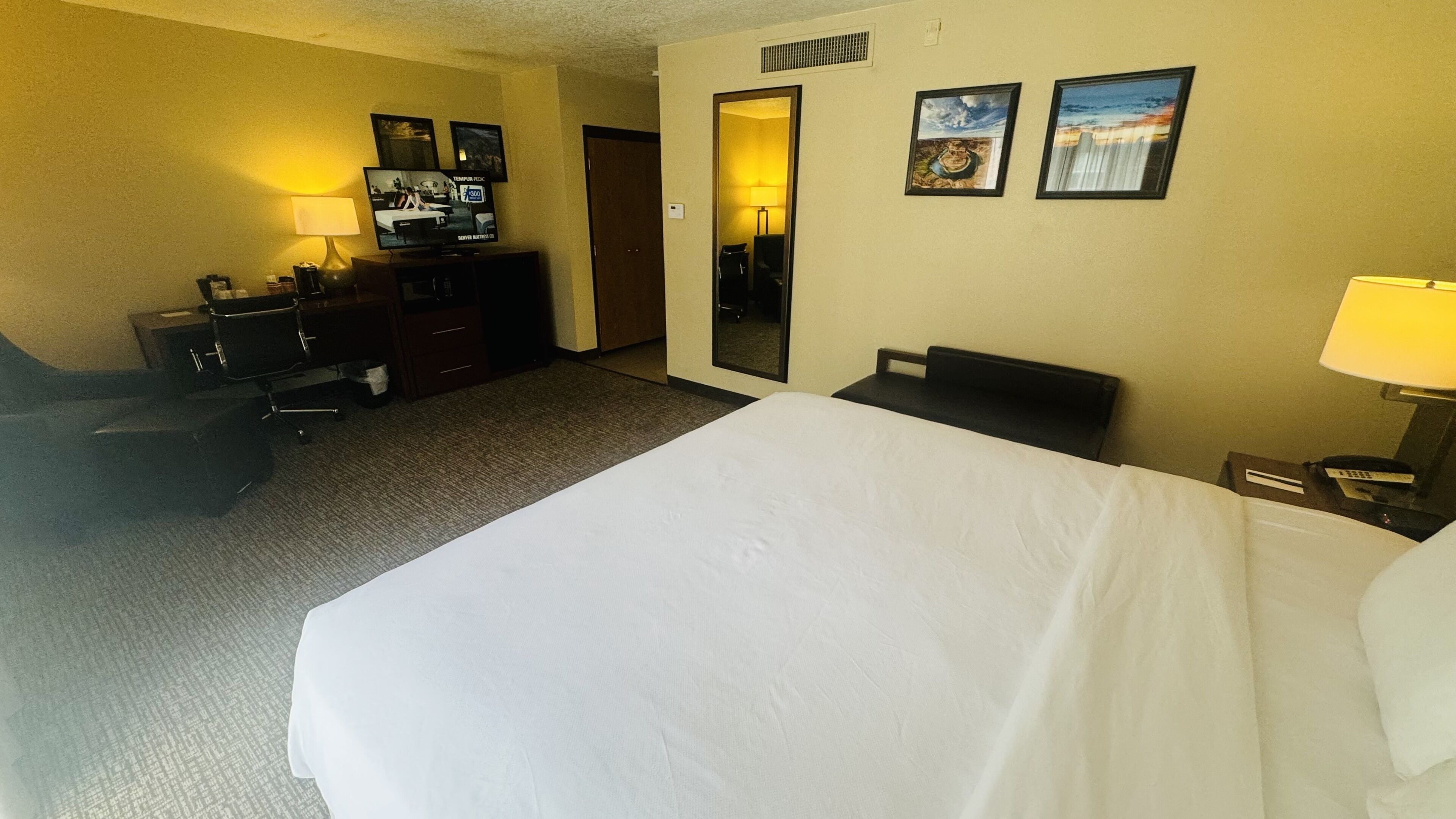 A hotel room with a large bed, a desk with a computer, a TV, and two framed pictures on the wall.