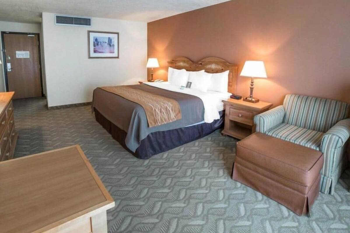 A hotel room with a bed, a desk, a chair, a sofa, and a small table.