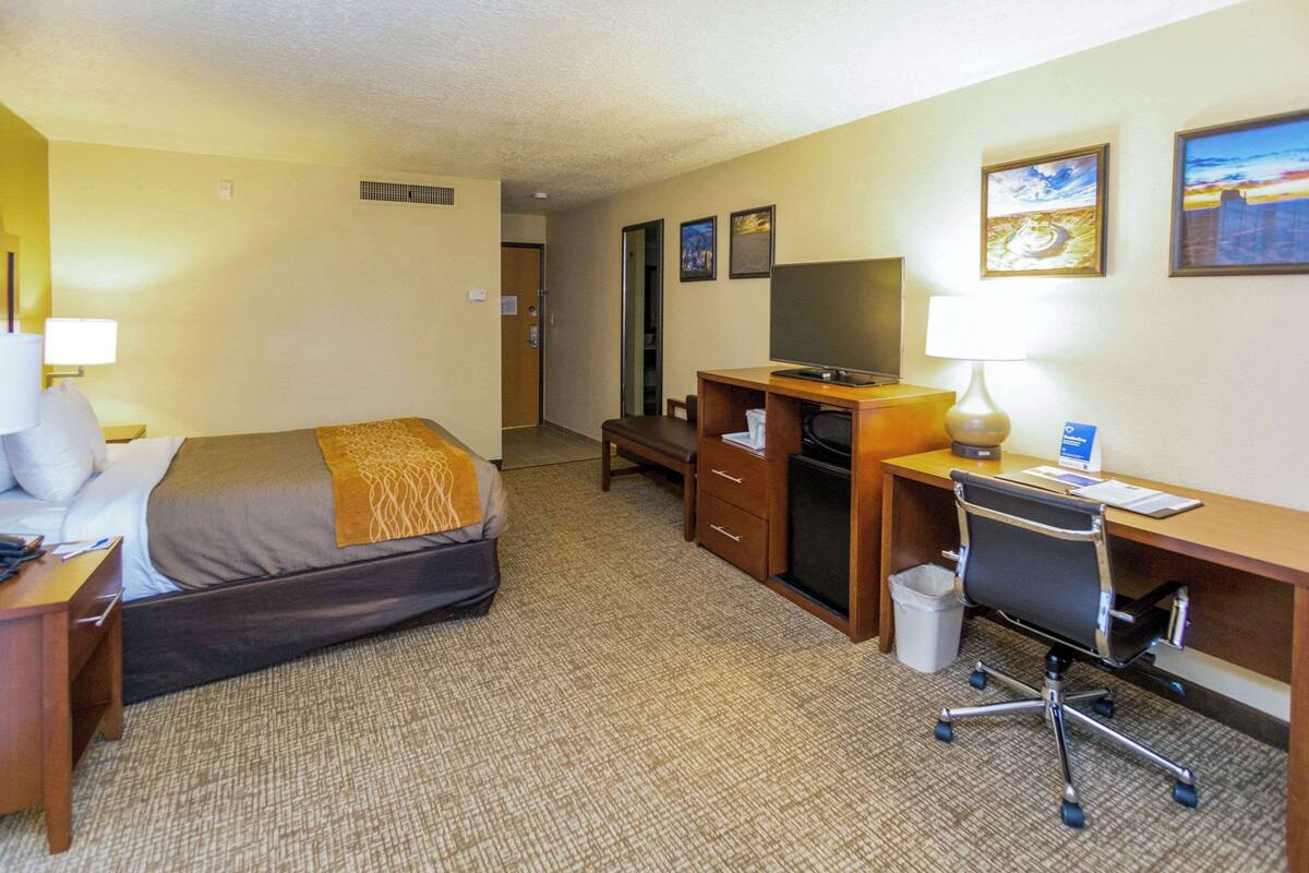 A hotel room with a bed, desk, chair, and a television.