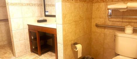 Un baño con inodoro, lavamanos, espejo, cubo de basura y toallero.