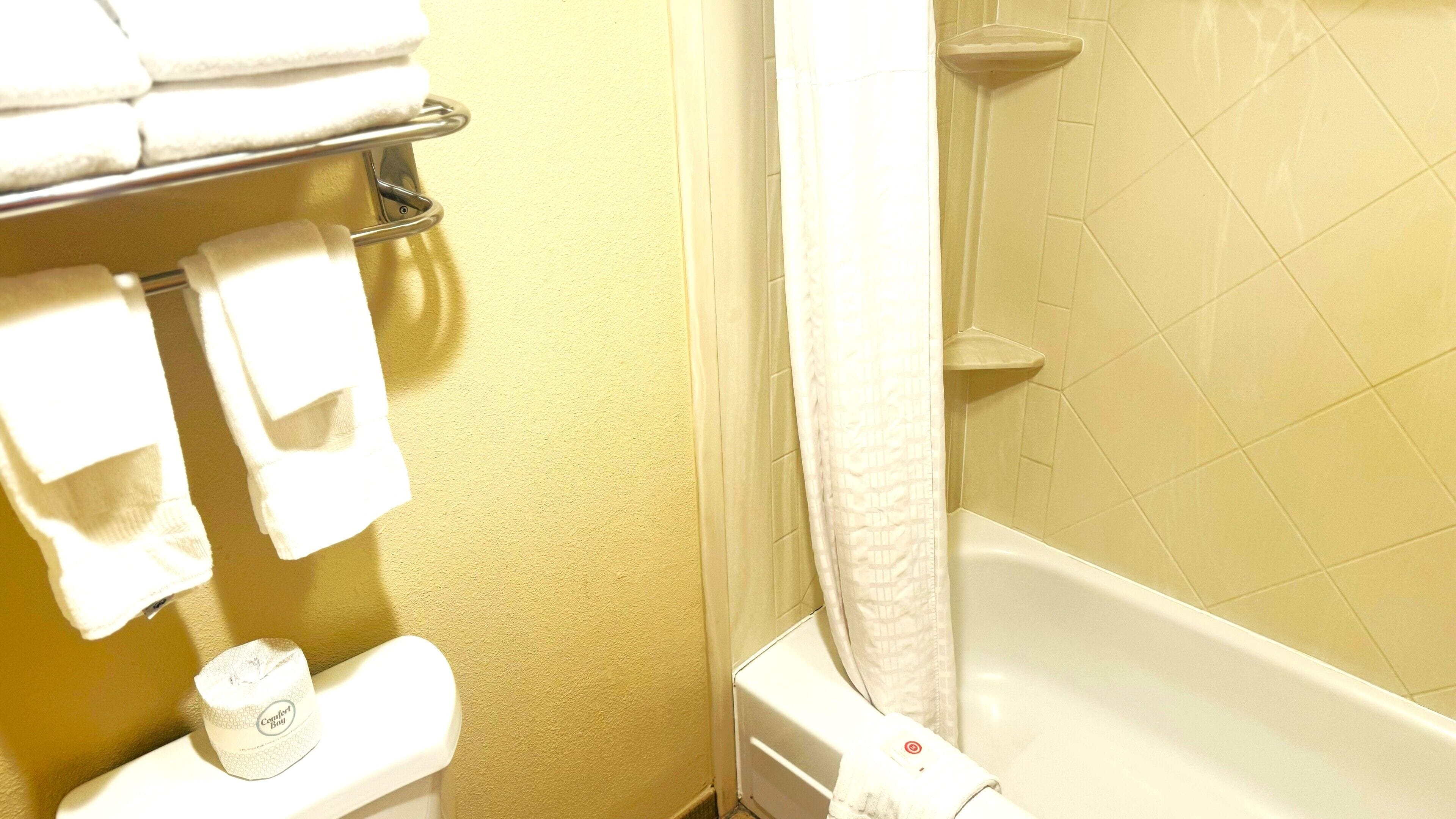 Une salle de bain avec une baignoire, un porte-serviettes avec des serviettes pliées et des toilettes avec un support à papier toilette.