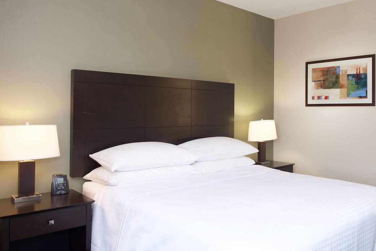 A hotel room with a large bed, two bedside tables, a nightstand, a wall-mounted painting, and a wall-mounted phone.