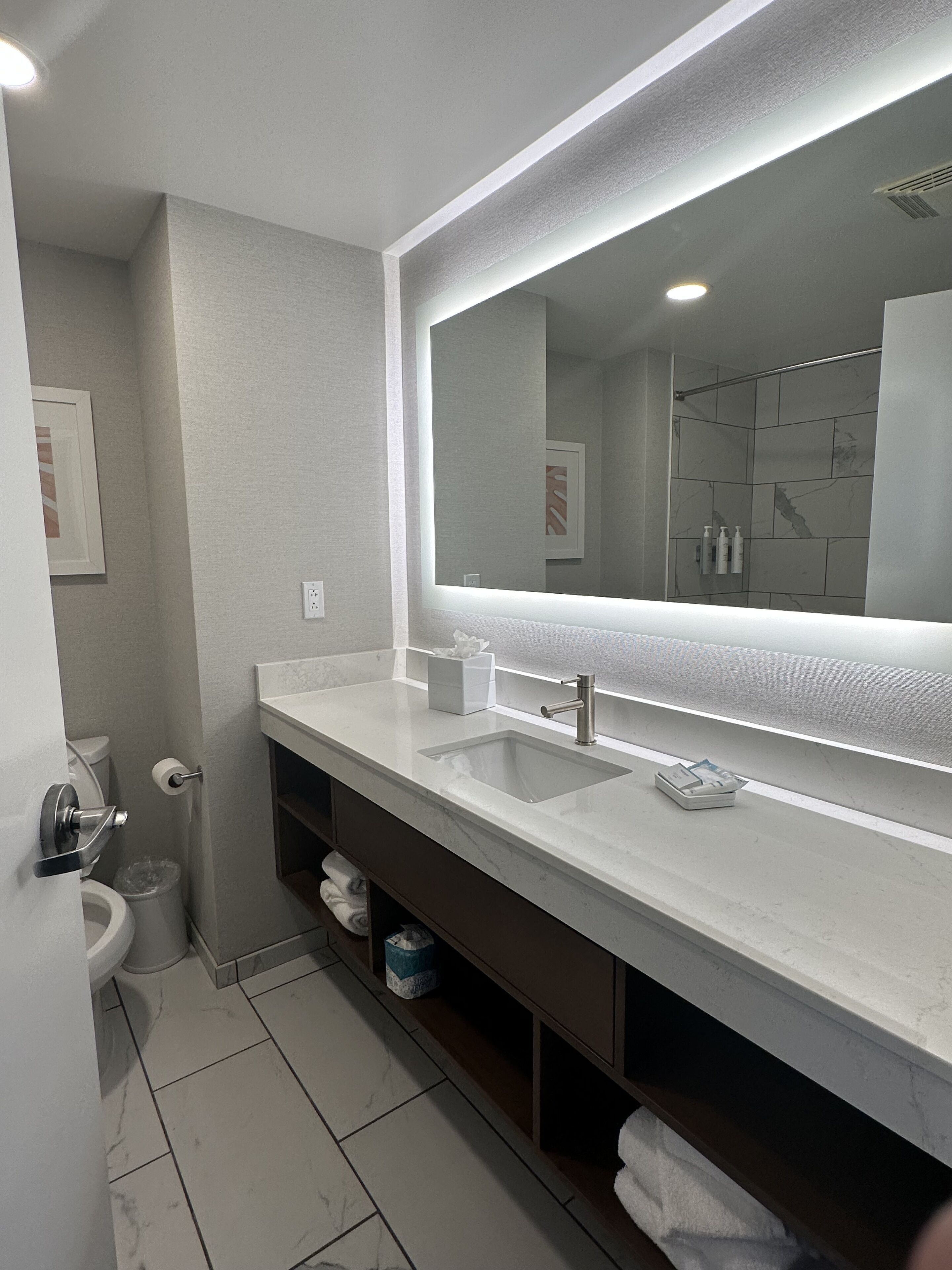 Un bagno moderno con un grande specchio, due lavabi e un water.