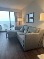 Hypo-allergenic bedding, desk, blackout drapes, iron/ironing board