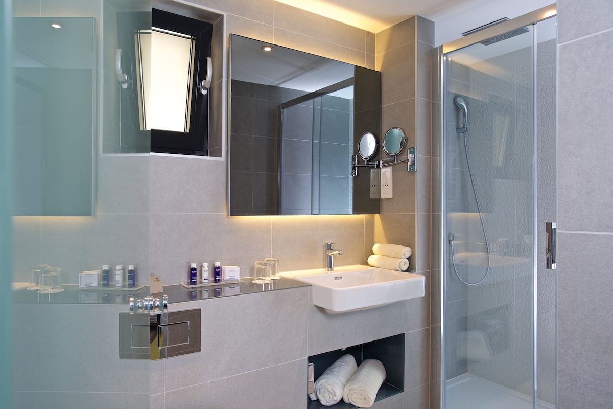 shower, free toiletries, hair dryer, towels