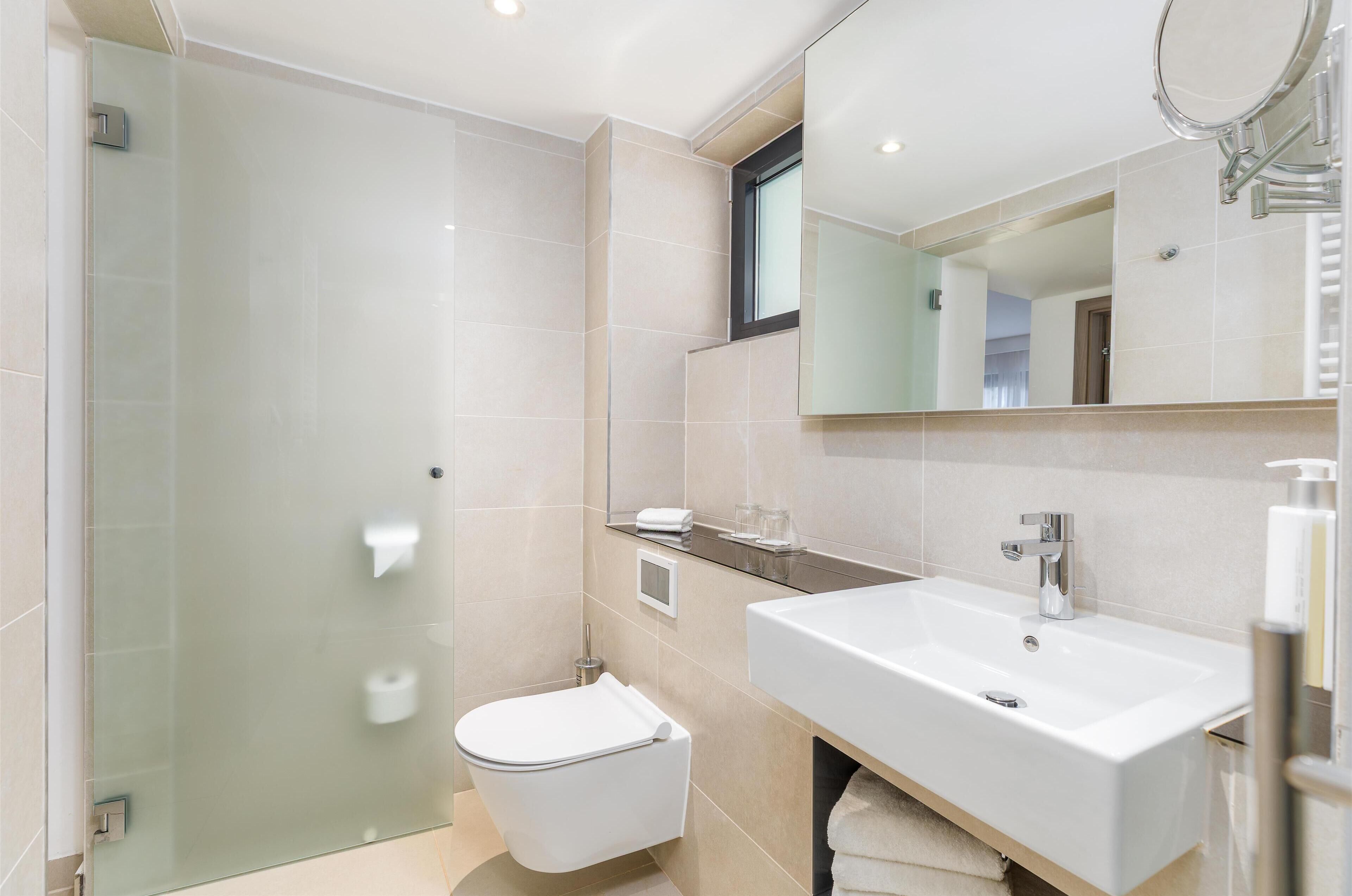 A modern bathroom with a glass shower enclosure, a white toilet, a large sink, and a mirror above the sink.
