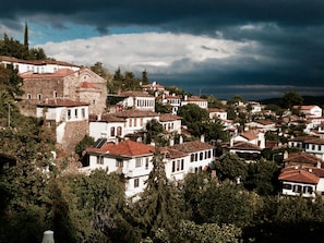 A hillside village with traditional architecture, including stone buildings and red-tiled roofs.