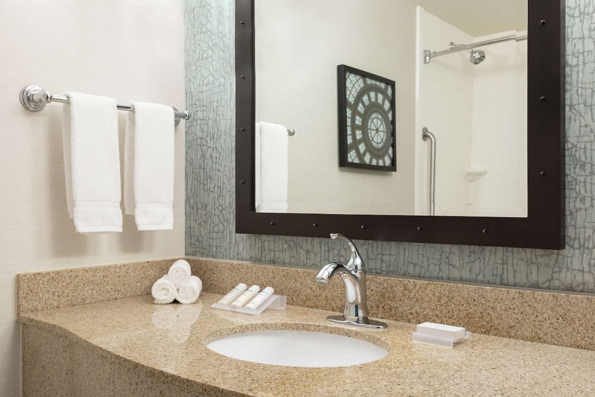 combined shower/bathtub, free toiletries, towels