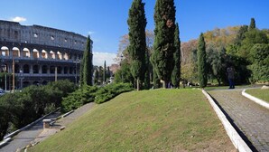 Vista del Coliseo con una colina cubierta de hierba y árboles en primer plano.