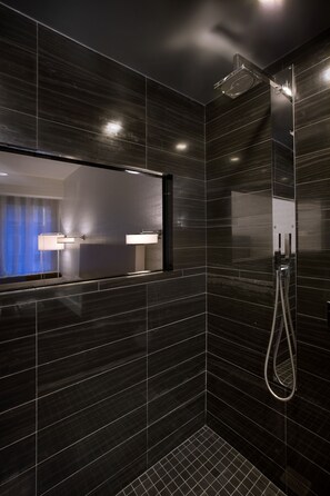 Designer toiletries, hair dryer, bathrobes, towels