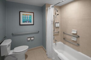 Un baño con inodoro, ducha y barras de apoyo.