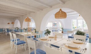 Une salle à manger lumineuse, avec des tables blanches et des chaises bleues, agrémentée de luminaires suspendus en fibres tressées et de plafonds en arc de cercle.