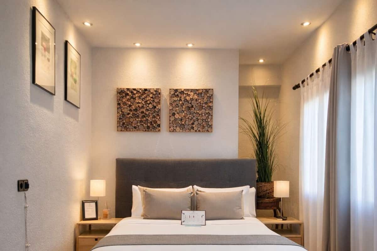 A modern hotel room with a large bed, two bedside tables with lamps, a headboard, and two wall-mounted artworks.