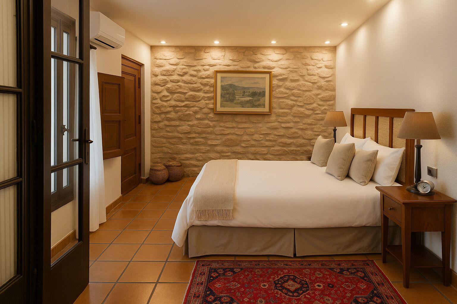 A bedroom with a stone wall, a bed with pillows, a nightstand with a lamp, and a red patterned rug.