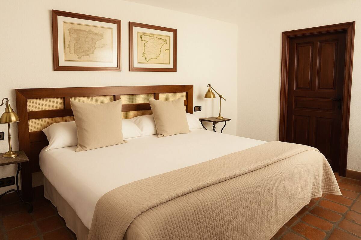 A neatly made bed with a wooden headboard, two bedside tables with lamps, and a door to the right.