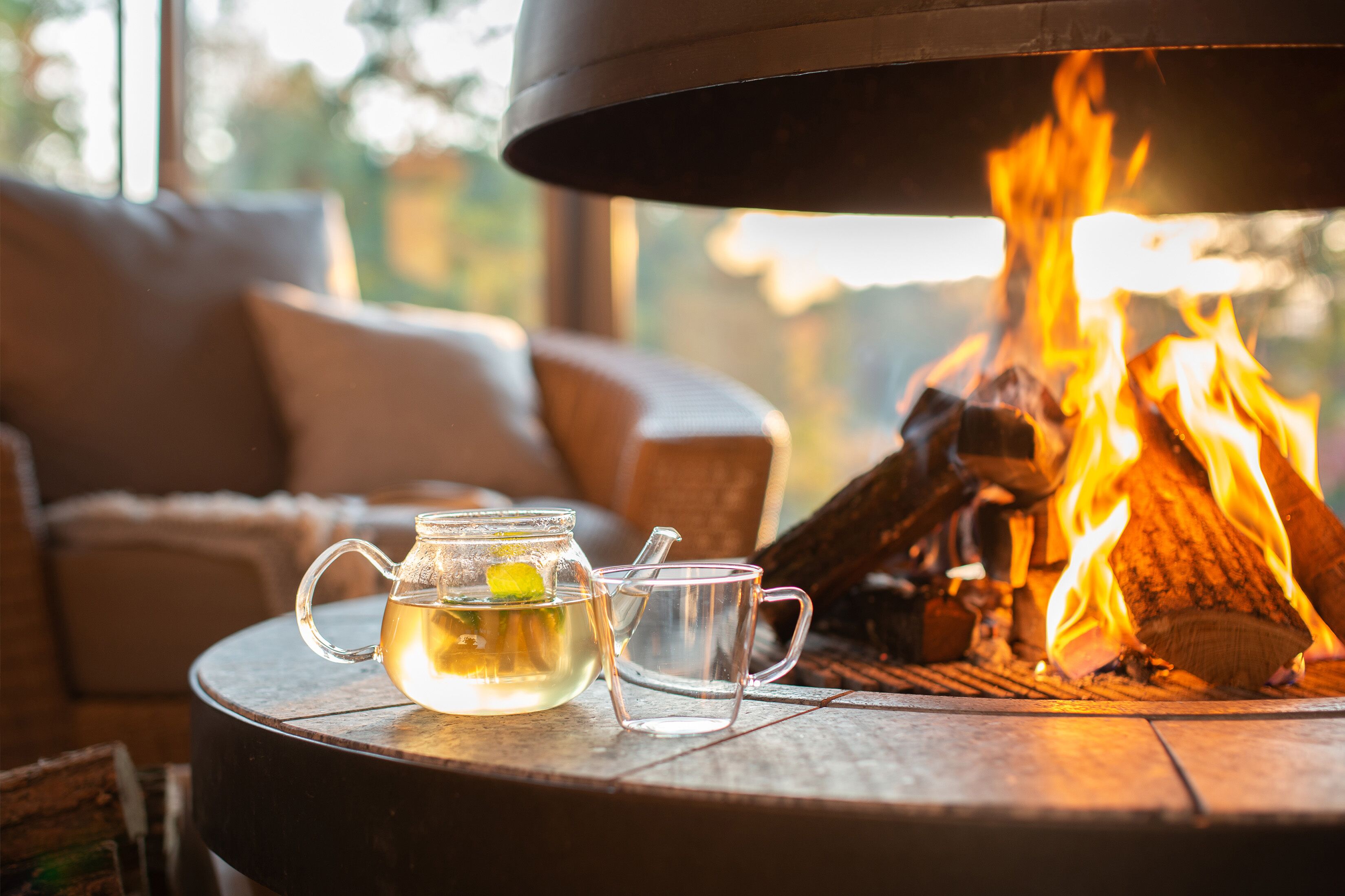 A cozy indoor setting with a table featuring a teapot and a glass, a fireplace with burning logs, and a sofa in the background.