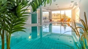 Una piscina interior con agua azul cristalina, rodeada de un interior moderno con amplias ventanas que ofrecen vistas a árboles y un cielo despejado.