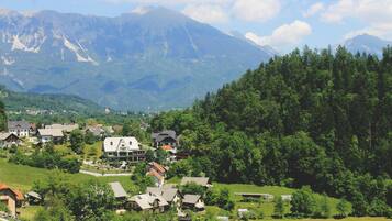 A mountain village with houses surrounded by lush greenery and mountains in the background.