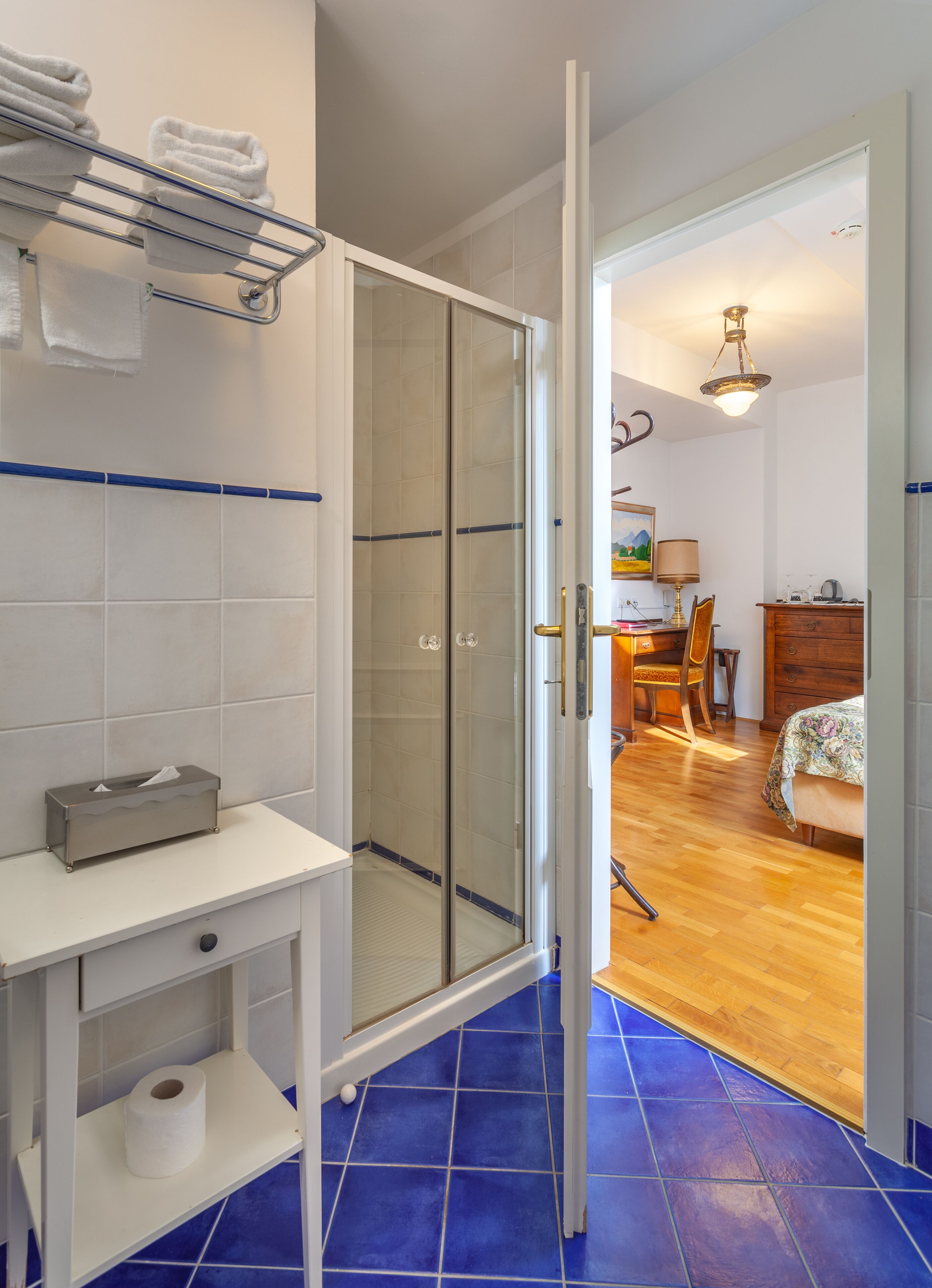 Un baño con cabina de ducha de vidrio, un lavamanos blanco con una caja de pañuelos y suelo de baldosas azules.