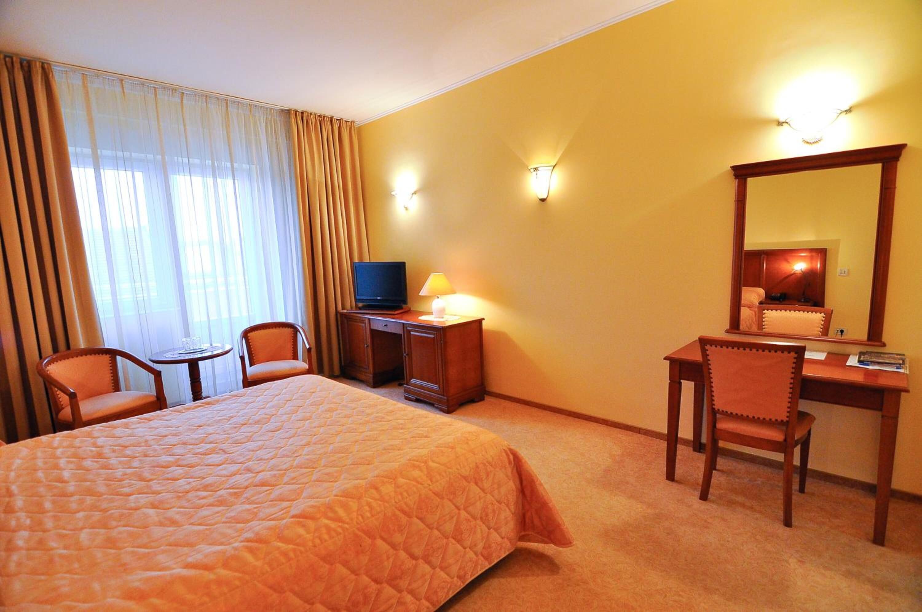 A hotel room with a large bed, a desk with a chair, a television, and a mirror.