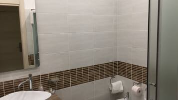 A modern bathroom with a large sink, a bidet, and a mirror.
