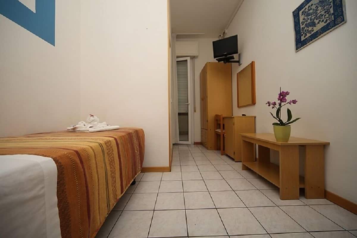 A hotel room with a bed, a desk, a chair, a television, and a potted plant.