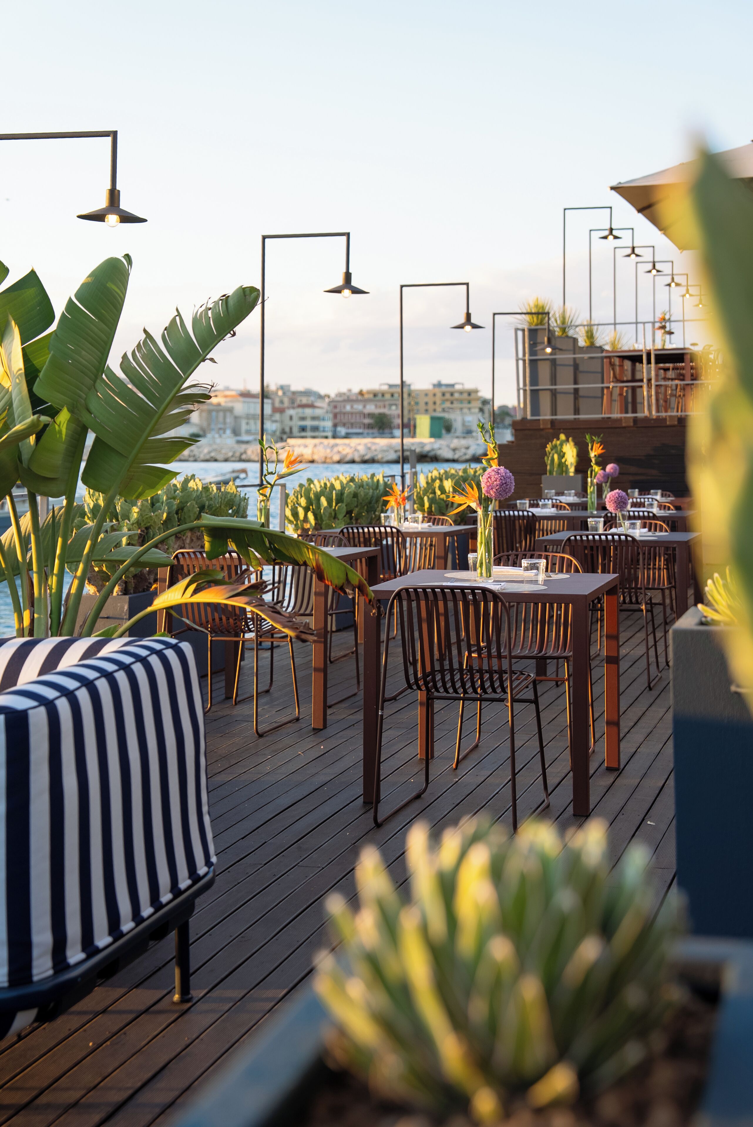 An outdoor dining area with wooden tables and chairs, surrounded by potted plants and a view of the sea.
