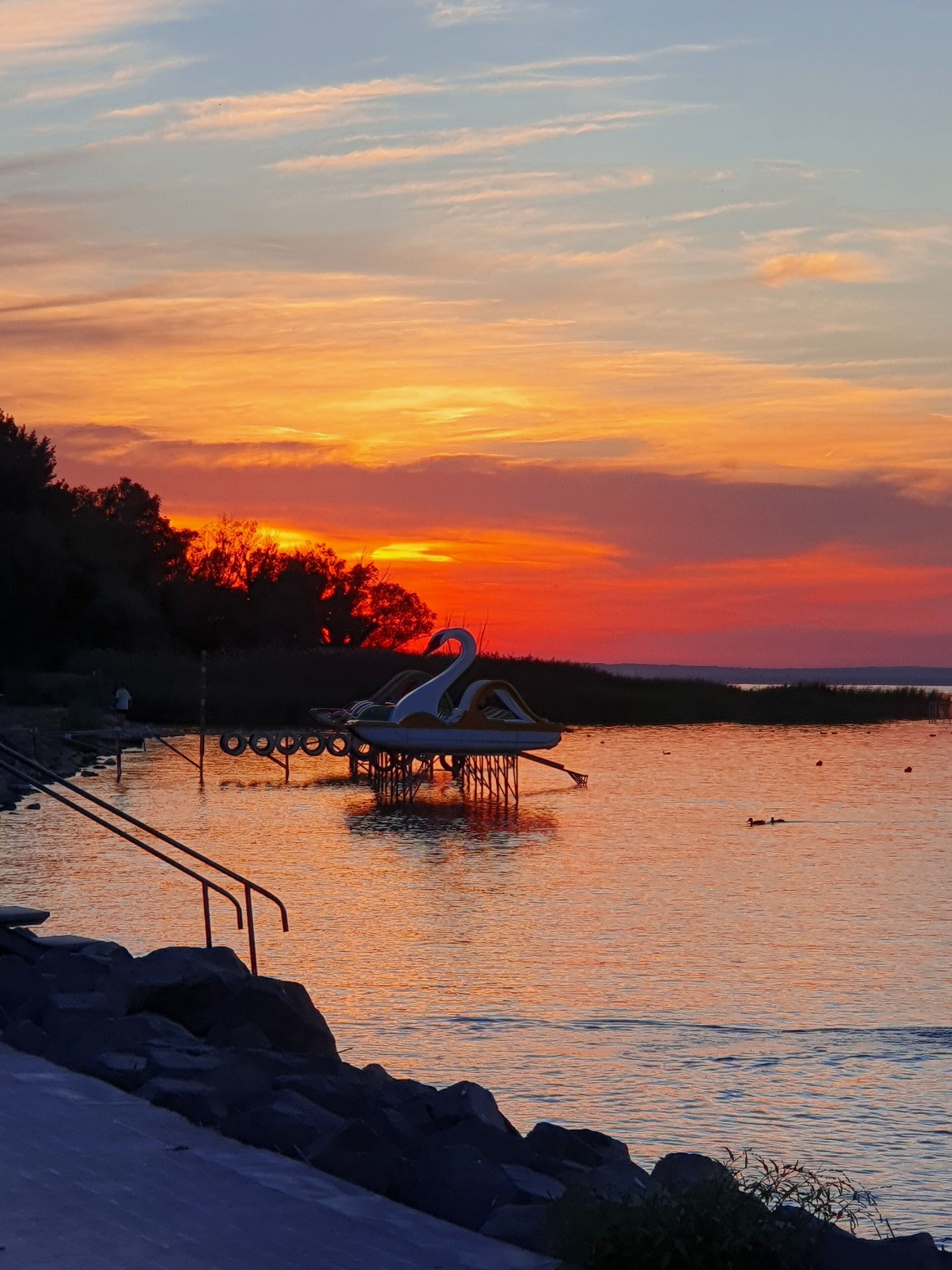 Un atardecer sobre una masa de agua con una estructura con forma de cisne en el centro.