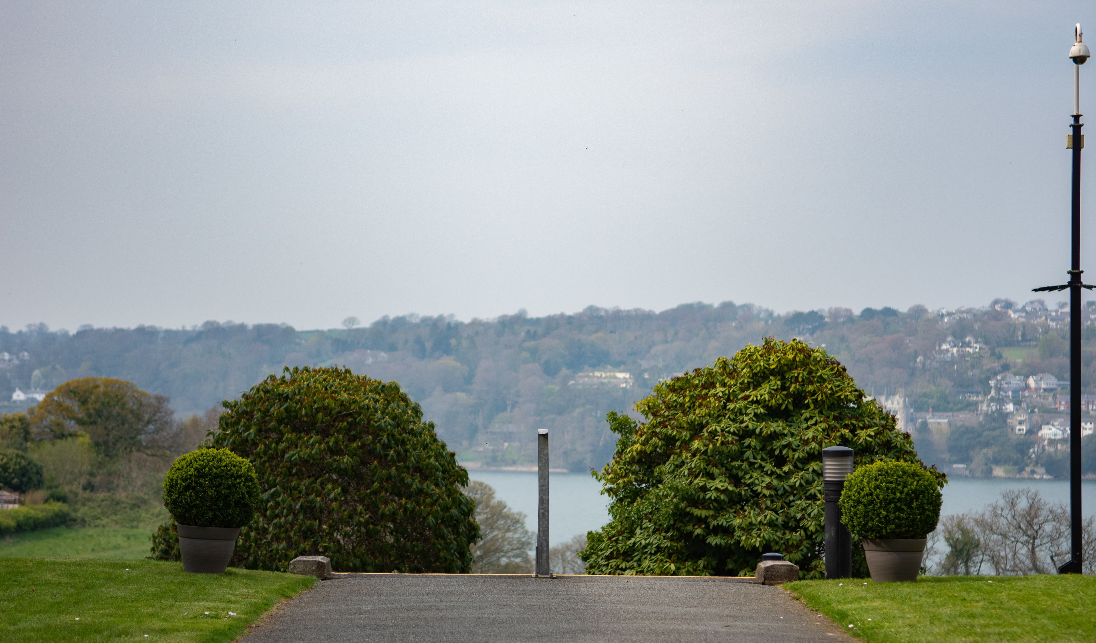 A paved pathway leading to a body of water with trees and a lamp post on the right.