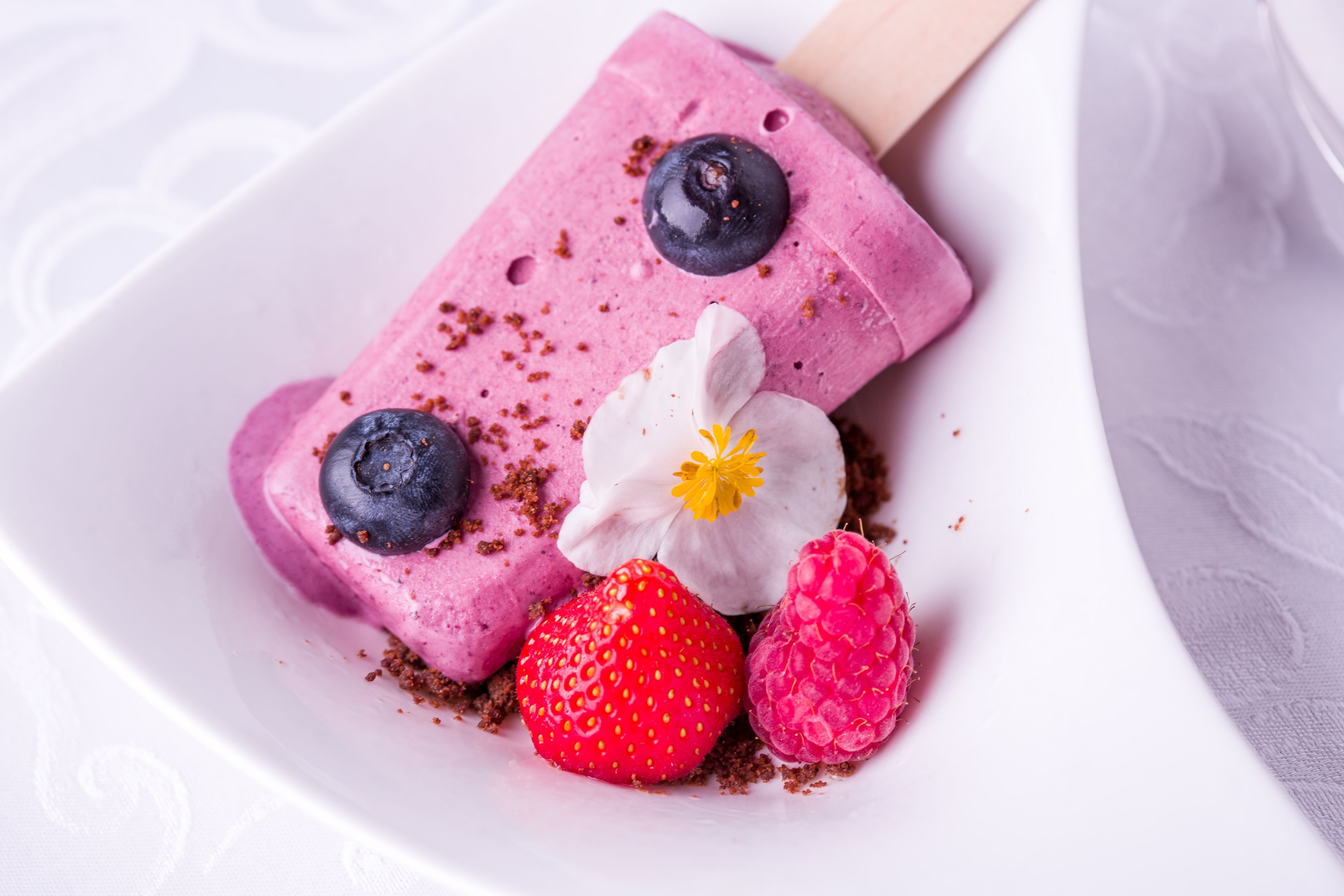 A dessert with a popsicle on a white plate, garnished with a strawberry, raspberry, blueberry, and a flower.