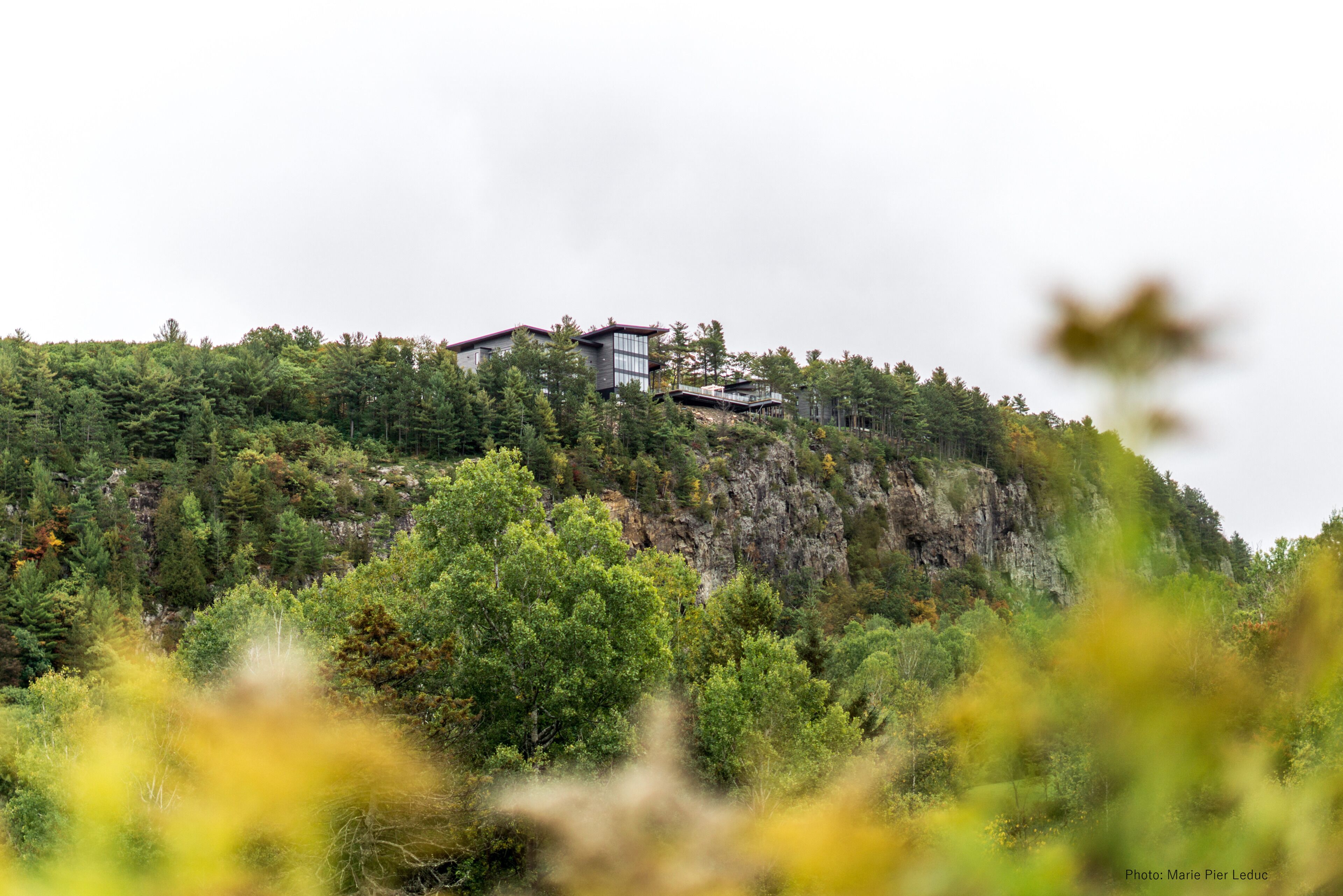 A modern building with a flat roof and large windows, surrounded by dense forest and rocky terrain.