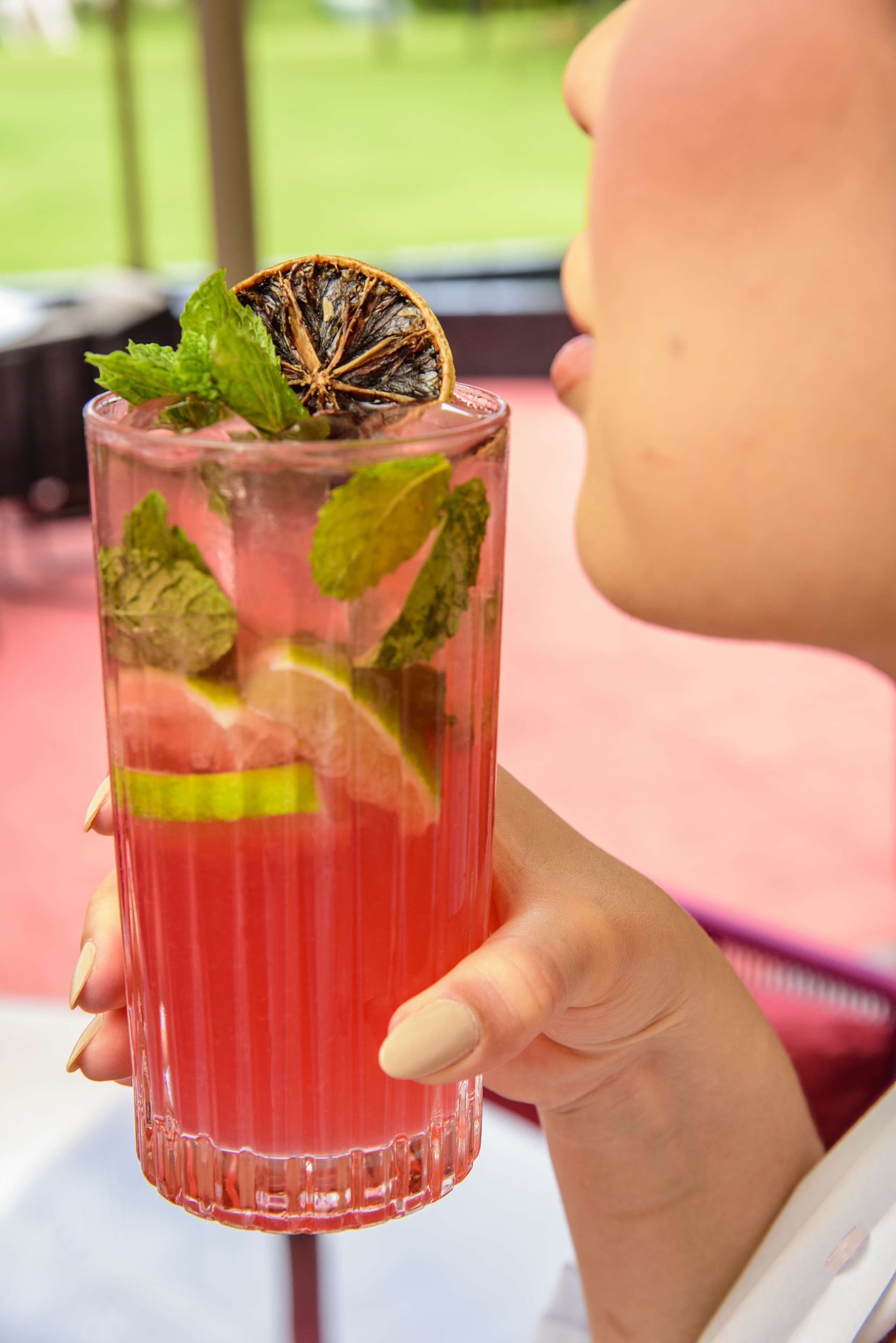 A person holding a tall glass with a red beverage, garnished with mint leaves and a dried orange slice.