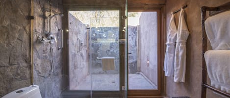 Shower, free toiletries, hair dryer, towels