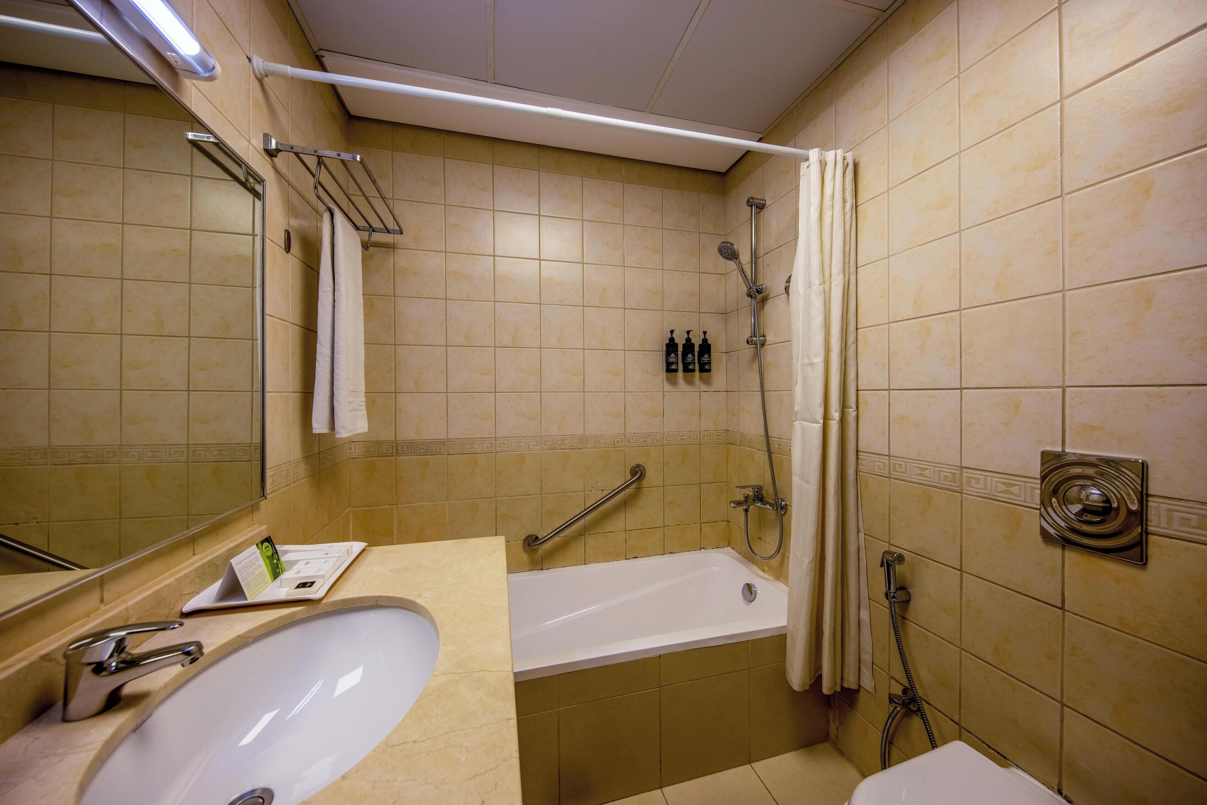 Une salle de bain équipée d’un lavabo, d’une baignoire et d’une douche. On y trouve des barres d’appui, un porte-serviettes et des articles de toilette sur le comptoir.