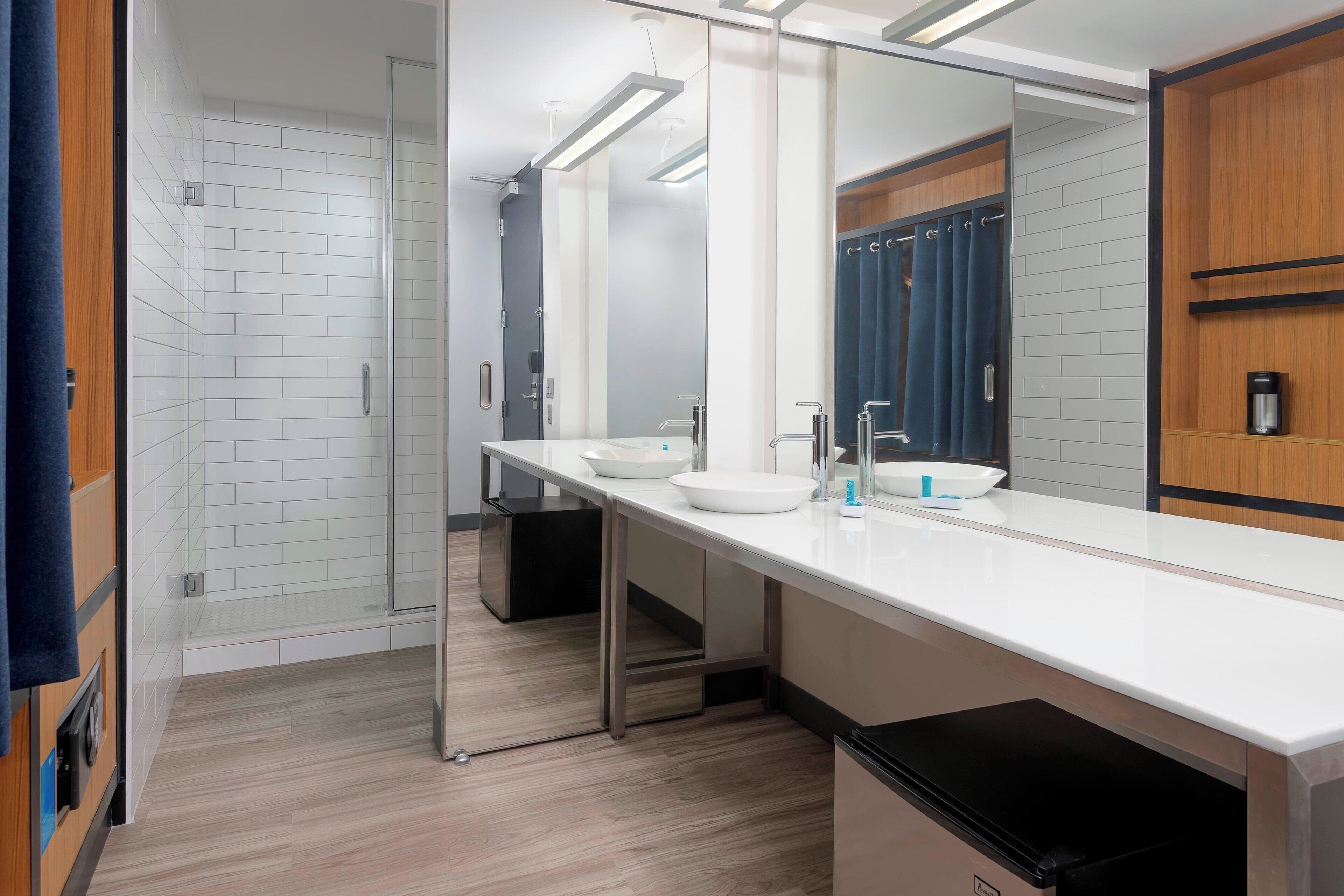 aloft, room, 2 queen beds, non smoking | bathroom | shower, hair dryer, towels