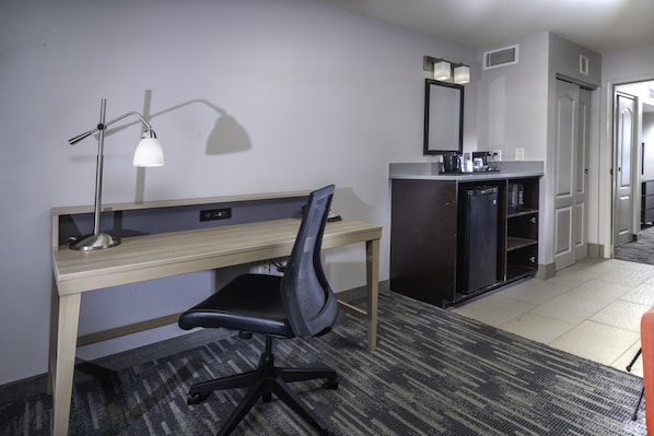 1 bedroom, desk, blackout drapes, iron/ironing board