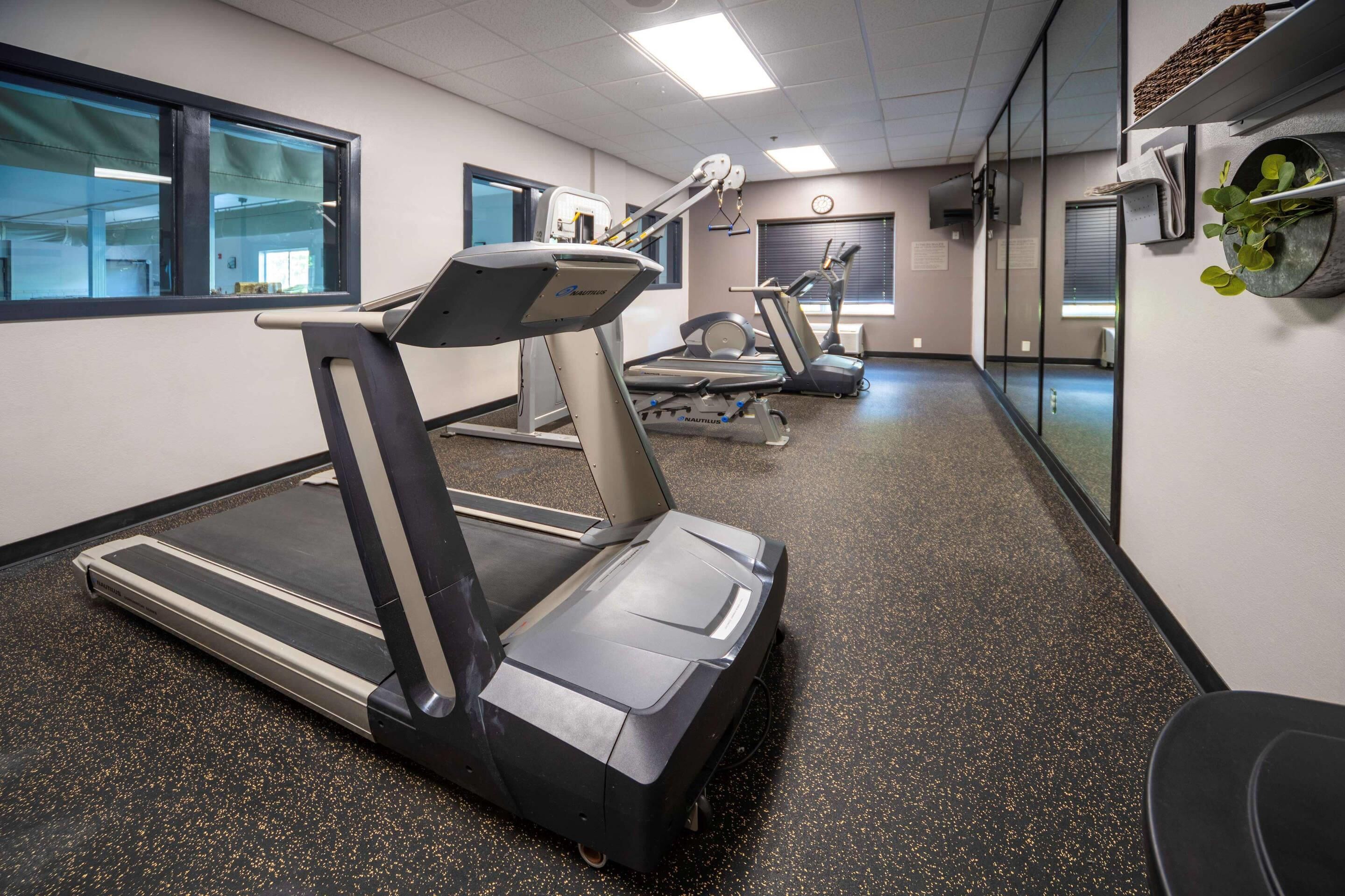 A fitness center with treadmills and exercise equipment.