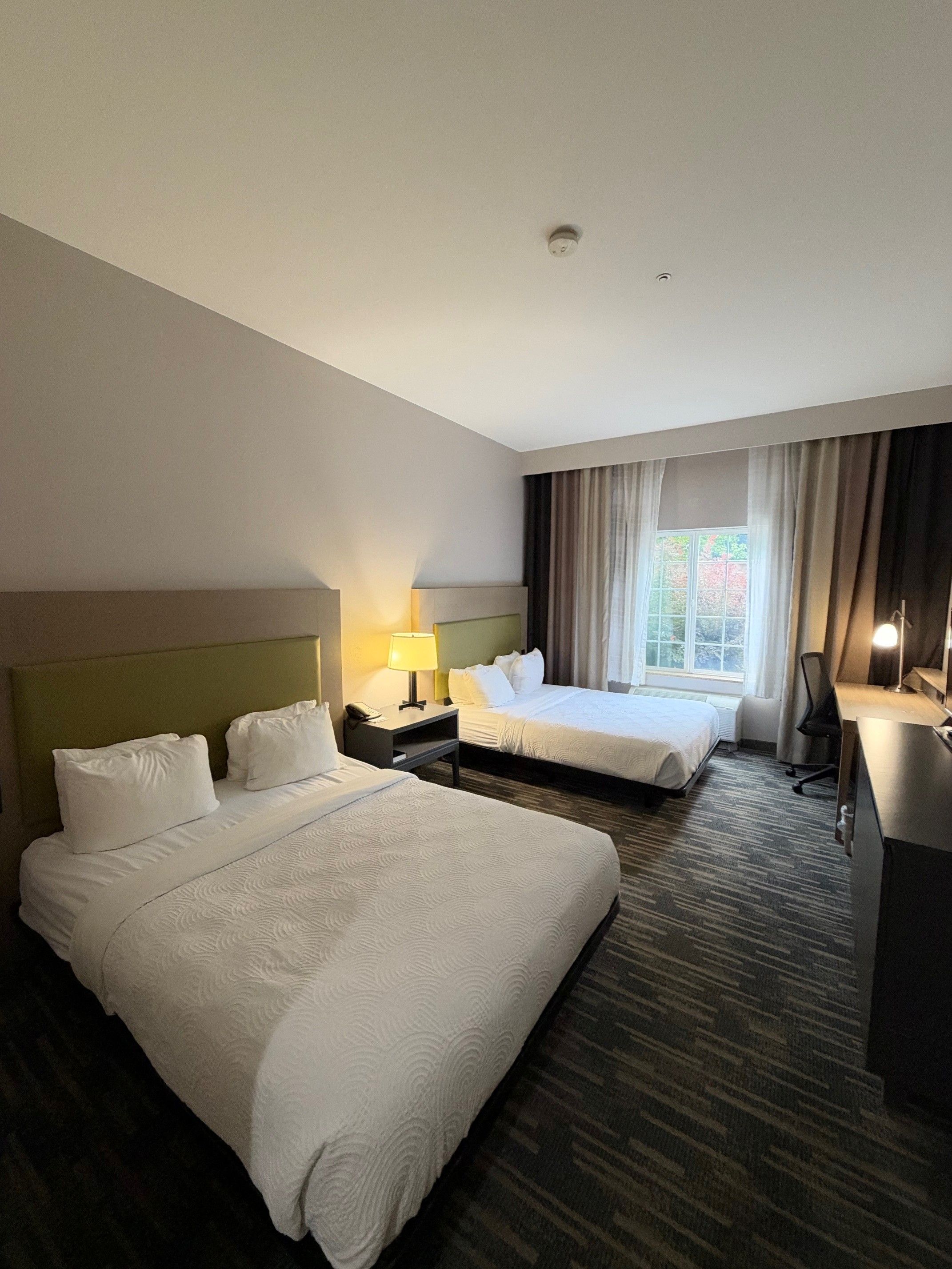 A hotel room with two beds, a desk, a chair, a lamp, and a window with curtains.