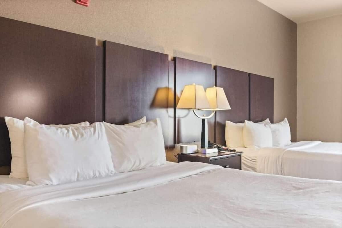 Une chambre d’hôtel avec deux lits, une table de chevet, une lampe et une tête de lit.