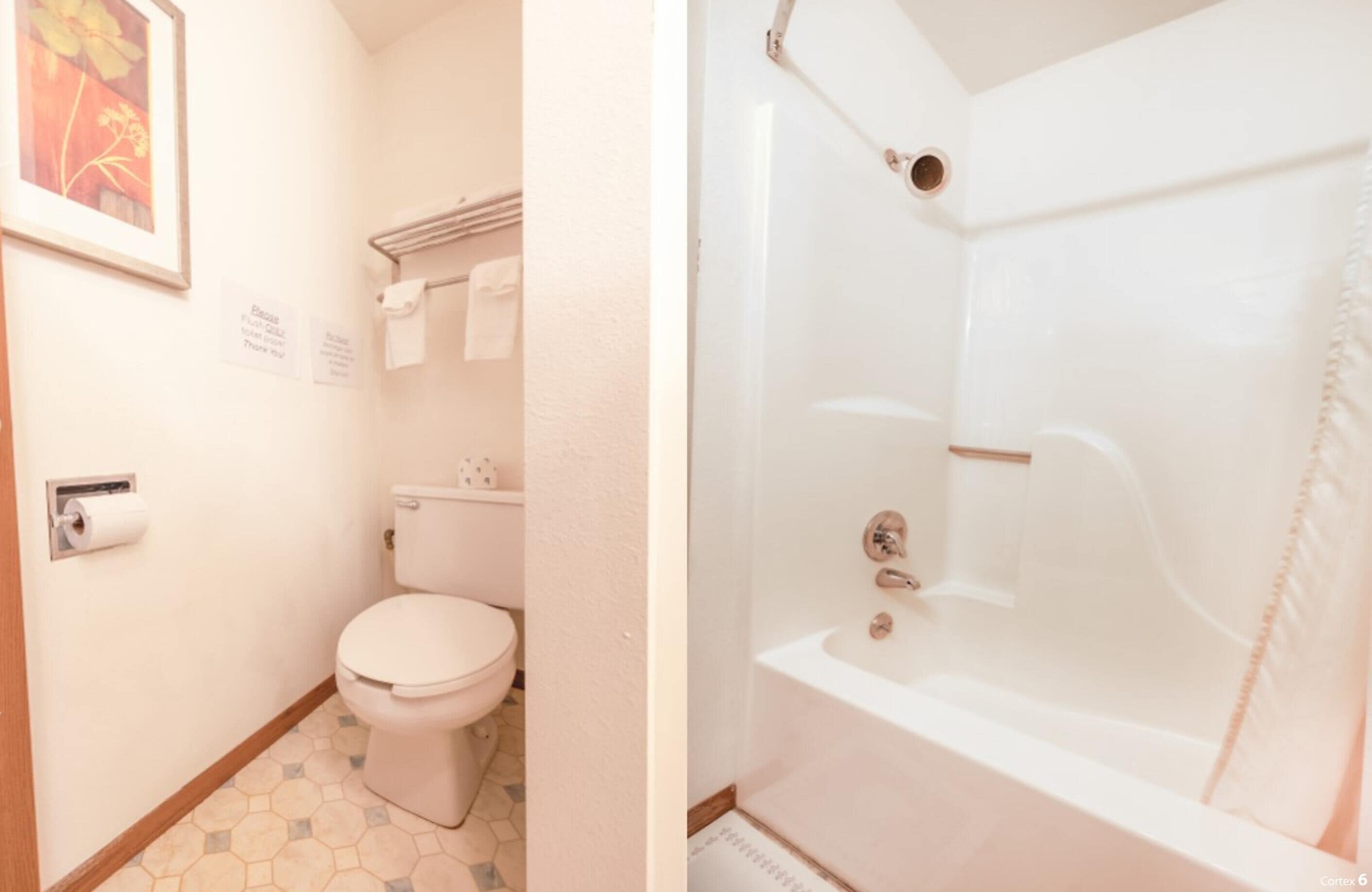 A bathroom with a toilet, a shower, and a sink.