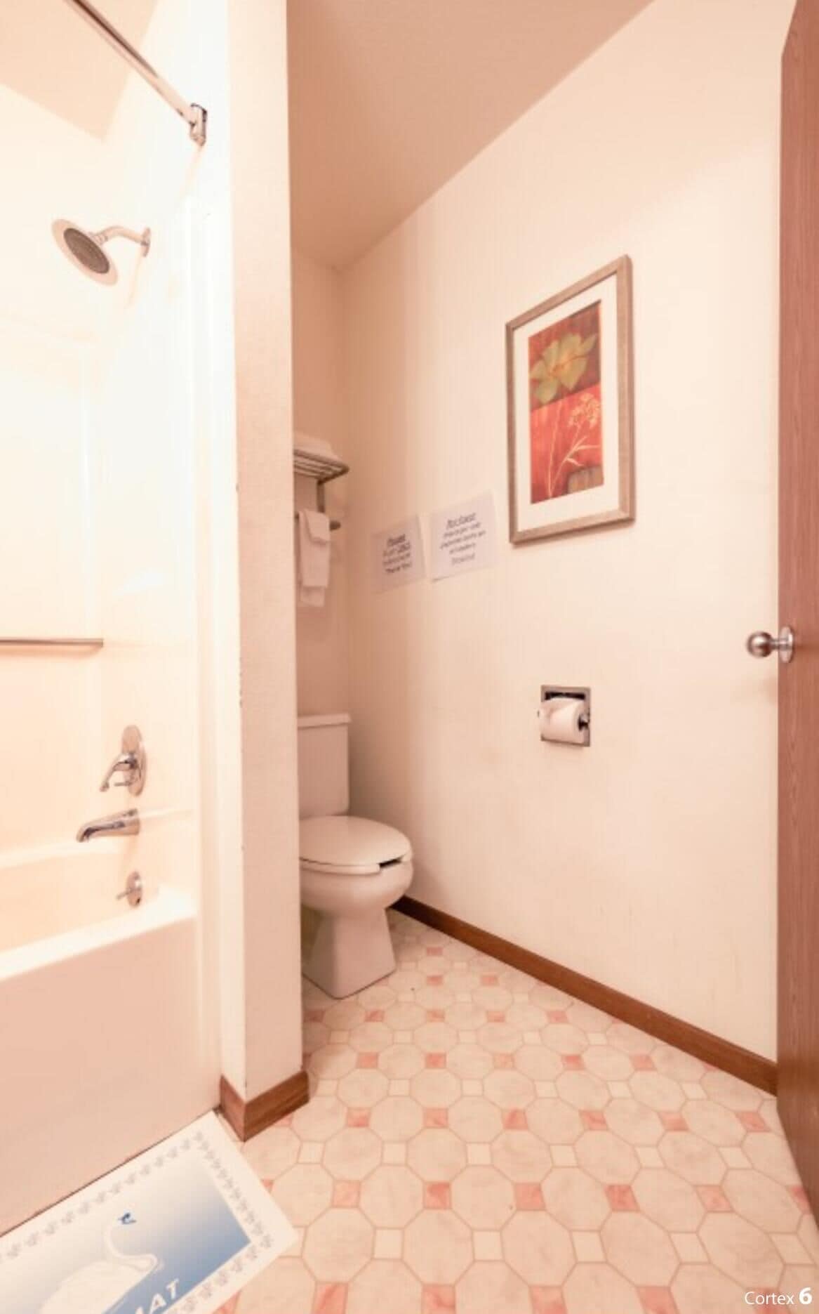 A small bathroom with a toilet, a shower, and a bathtub. There is a door on the right side.