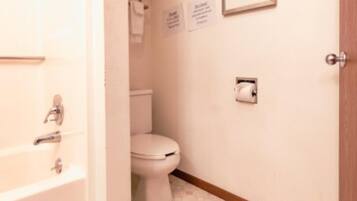 A small bathroom with a toilet, a shower, and a bathtub. There is a door on the right side.