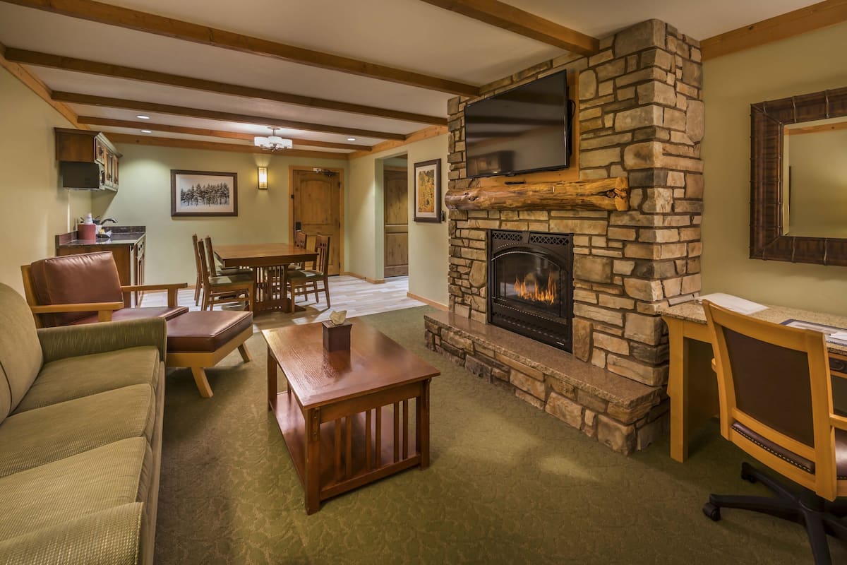 49-inch flat-screen tv with satellite channels, tv, fireplace