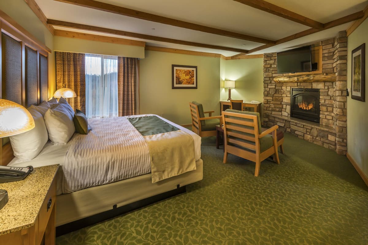 A hotel room with a bed, a desk, a chair, a fireplace, and a television.