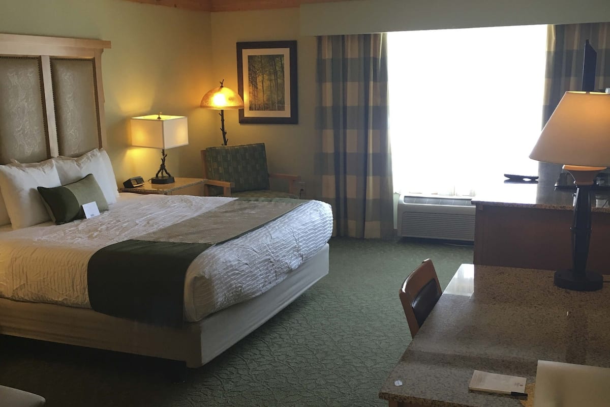 A hotel room with a large bed, a desk, a chair, a lamp, and a framed picture on the wall.