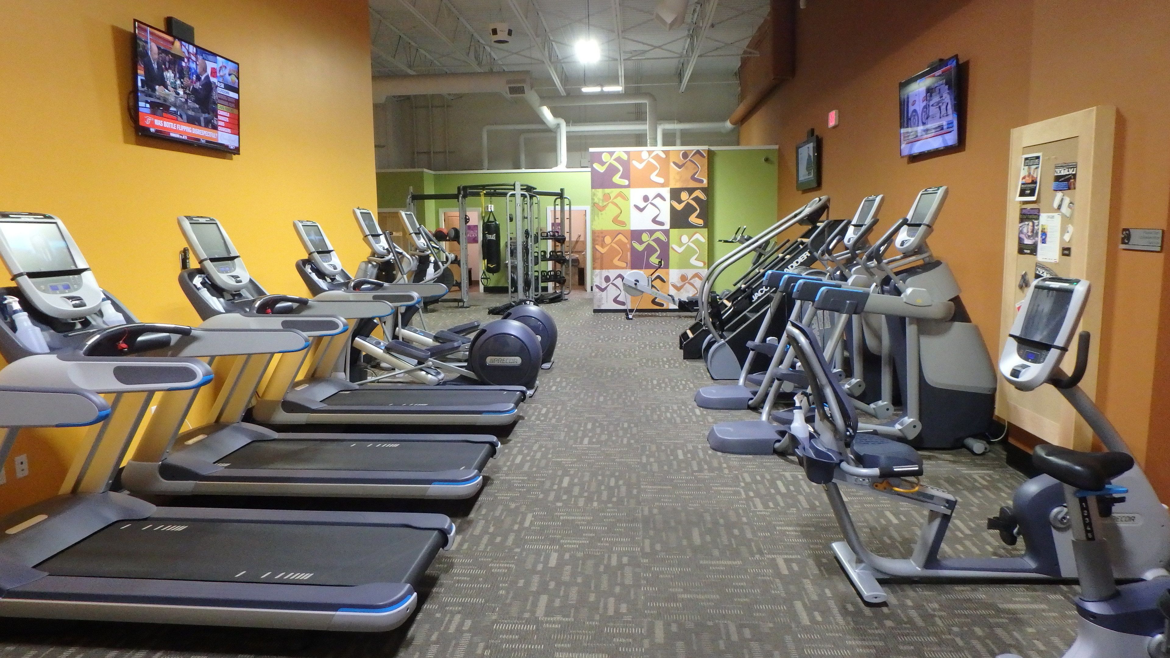 A gym with treadmills, elliptical machines, and weight machines.